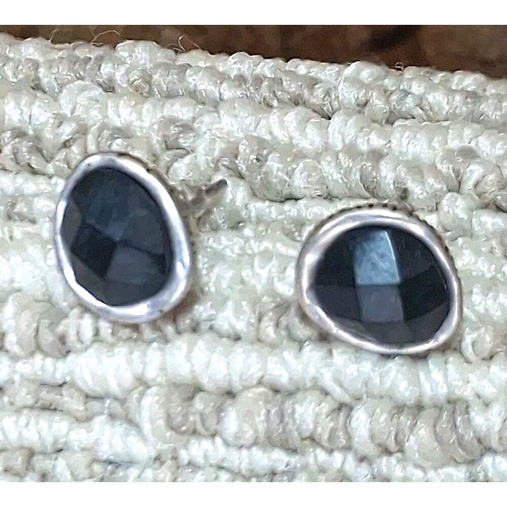 ​TS Signed Silver Tone Faceted Black Glass Organic Organic Textured Stud...